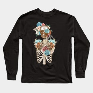 Skeleton with Blue Roses Long Sleeve T-Shirt